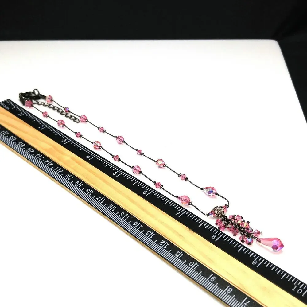 Dabby Reid Pink Swarovski Crystal Necklace, AB Beads, Dark Chain Vintage Jewelry